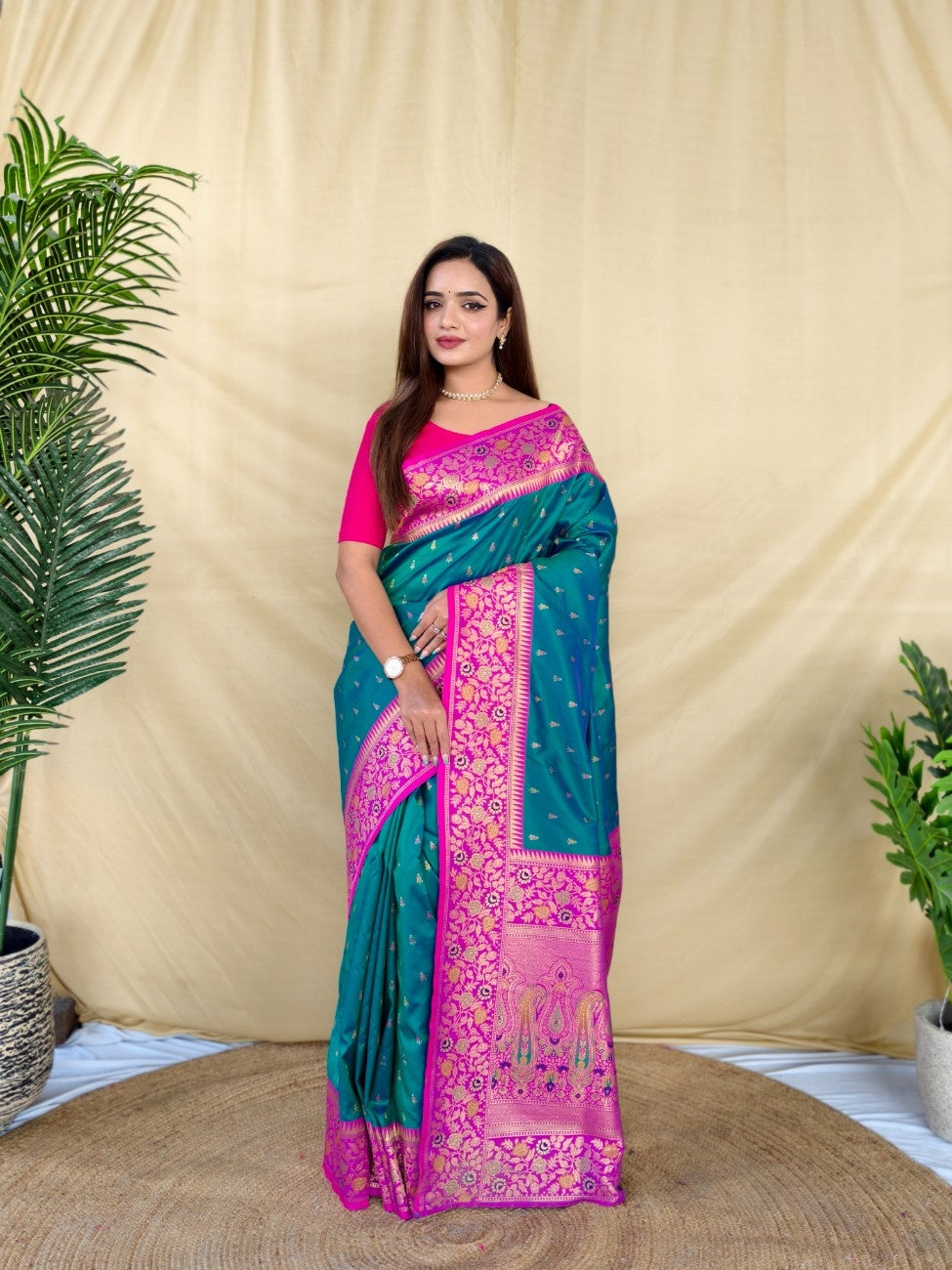 Mameraa Sarees Graceful Teal Green Soft Silk Saree Adorned With Delicate Zari Woven Buttas-Teal