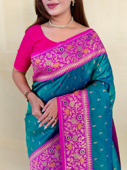 Mameraa Sarees Graceful Teal Green Soft Silk Saree Adorned With Delicate Zari Woven Buttas-Teal