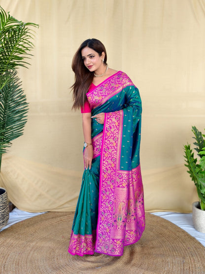Mameraa Sarees Graceful Teal Green Soft Silk Saree Adorned With Delicate Zari Woven Buttas-Teal