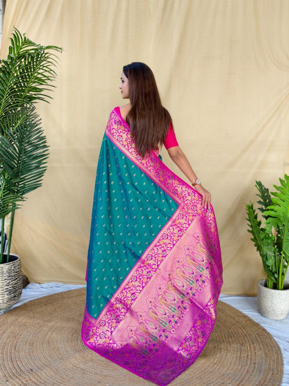 Mameraa Sarees Graceful Teal Green Soft Silk Saree Adorned With Delicate Zari Woven Buttas-Teal
