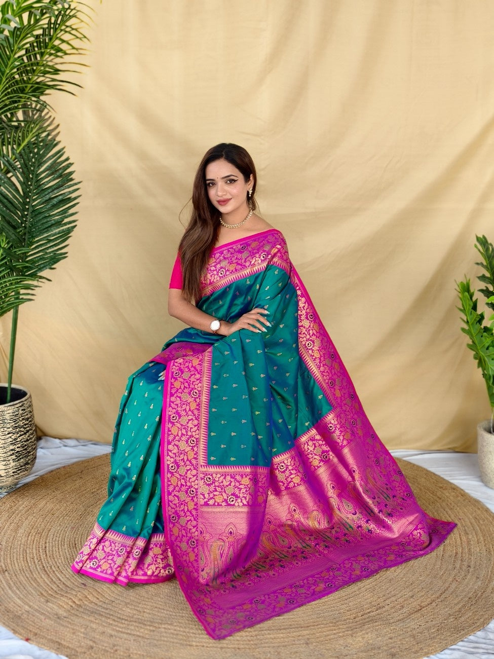 Mameraa Sarees Graceful Teal Green Soft Silk Saree Adorned With Delicate Zari Woven Buttas-Teal
