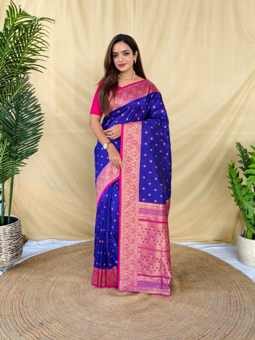 Mameraa Sarees Royal Blue Soft Silk Saree With Zari Woven Border And Contrast Zari Pallu-Royal_Blue
