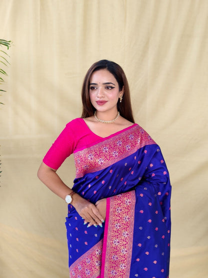 Mameraa Sarees Royal Blue Soft Silk Saree With Zari Woven Border And Contrast Zari Pallu-Royal_Blue