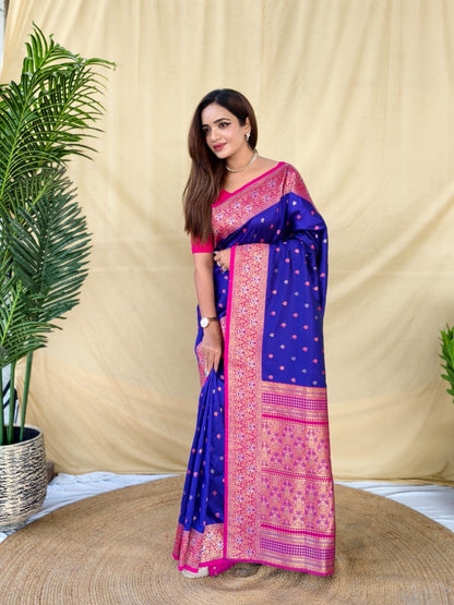 Mameraa Sarees Royal Blue Soft Silk Saree With Zari Woven Border And Contrast Zari Pallu-Royal_Blue