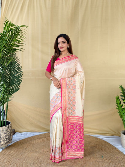 Mameraa Sarees Ivory Soft Silk Saree With Multi Thread Zari Contrast Patola Border And Pallu-Ivory