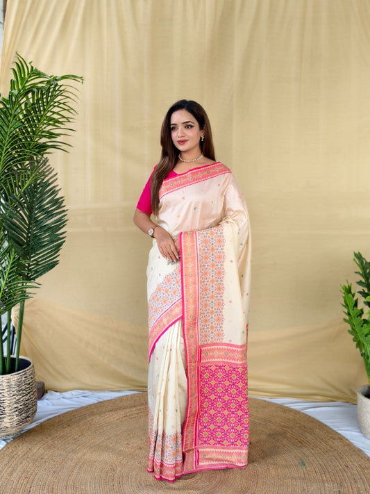Mameraa Sarees Ivory Soft Silk Saree With Multi Thread Zari Contrast Patola Border And Pallu-Ivory