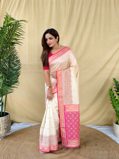 Mameraa Sarees Ivory Soft Silk Saree With Multi Thread Zari Contrast Patola Border And Pallu-Ivory