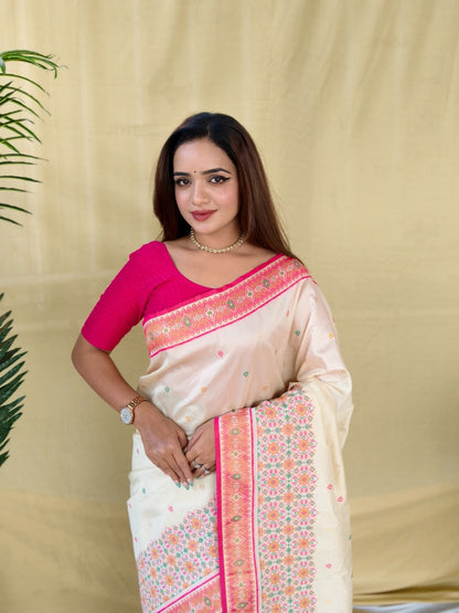 Mameraa Sarees Ivory Soft Silk Saree With Multi Thread Zari Contrast Patola Border And Pallu-Ivory