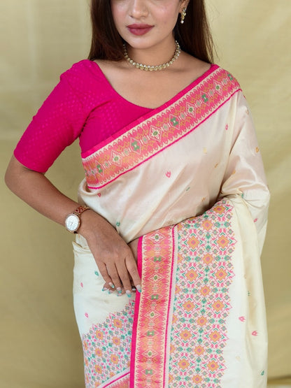 Mameraa Sarees Ivory Soft Silk Saree With Multi Thread Zari Contrast Patola Border And Pallu-Ivory