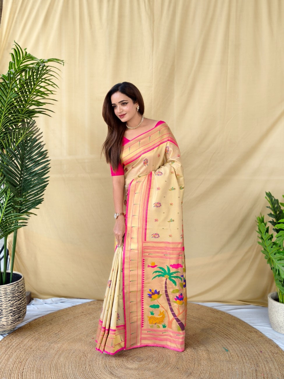 Mameraa Sarees Cream Elegant Tissue Silk Saree-Ivory