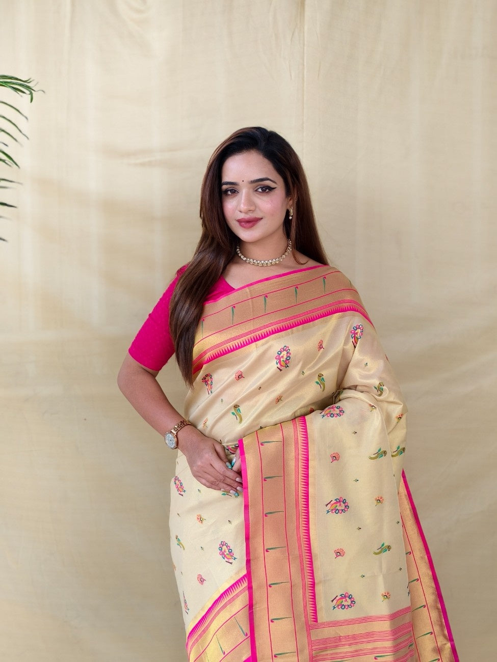 Mameraa Sarees Cream Elegant Tissue Silk Saree-Ivory