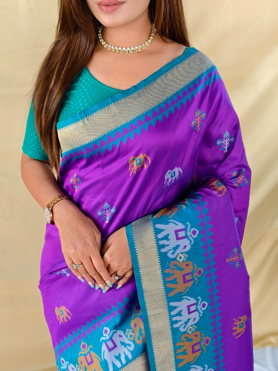 Mameraa Sarees Elegant Soft Silk Saree Delicate Elephant Weaved Buti Motifs-Purple