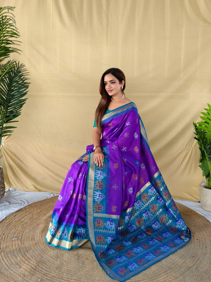 Mameraa Sarees Elegant Soft Silk Saree Delicate Elephant Weaved Buti Motifs-Purple
