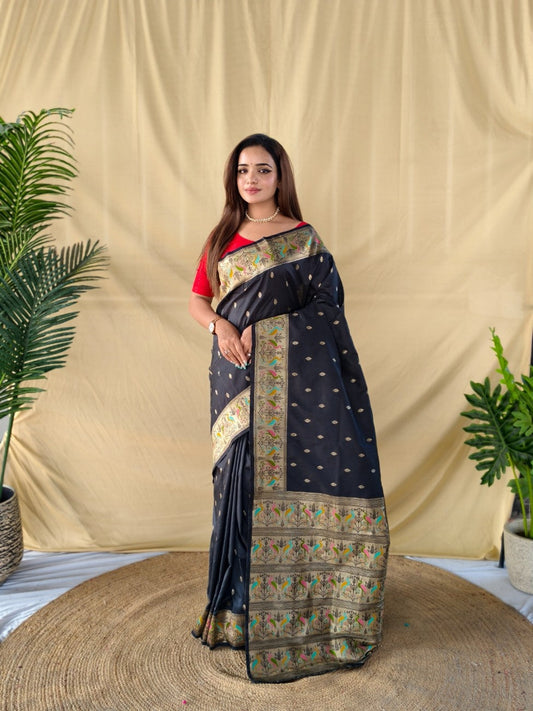 Mameraa Sarees Black Elegance Soft Silk Banarasi Saree-Black