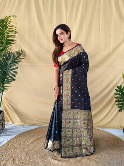 Mameraa Sarees Black Elegance Soft Silk Banarasi Saree-Black