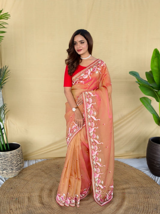 Mameraa Sarees Peach Royal Gabbana Silk Saree Woven In A Shiny Dual-Tone Finish-Peach