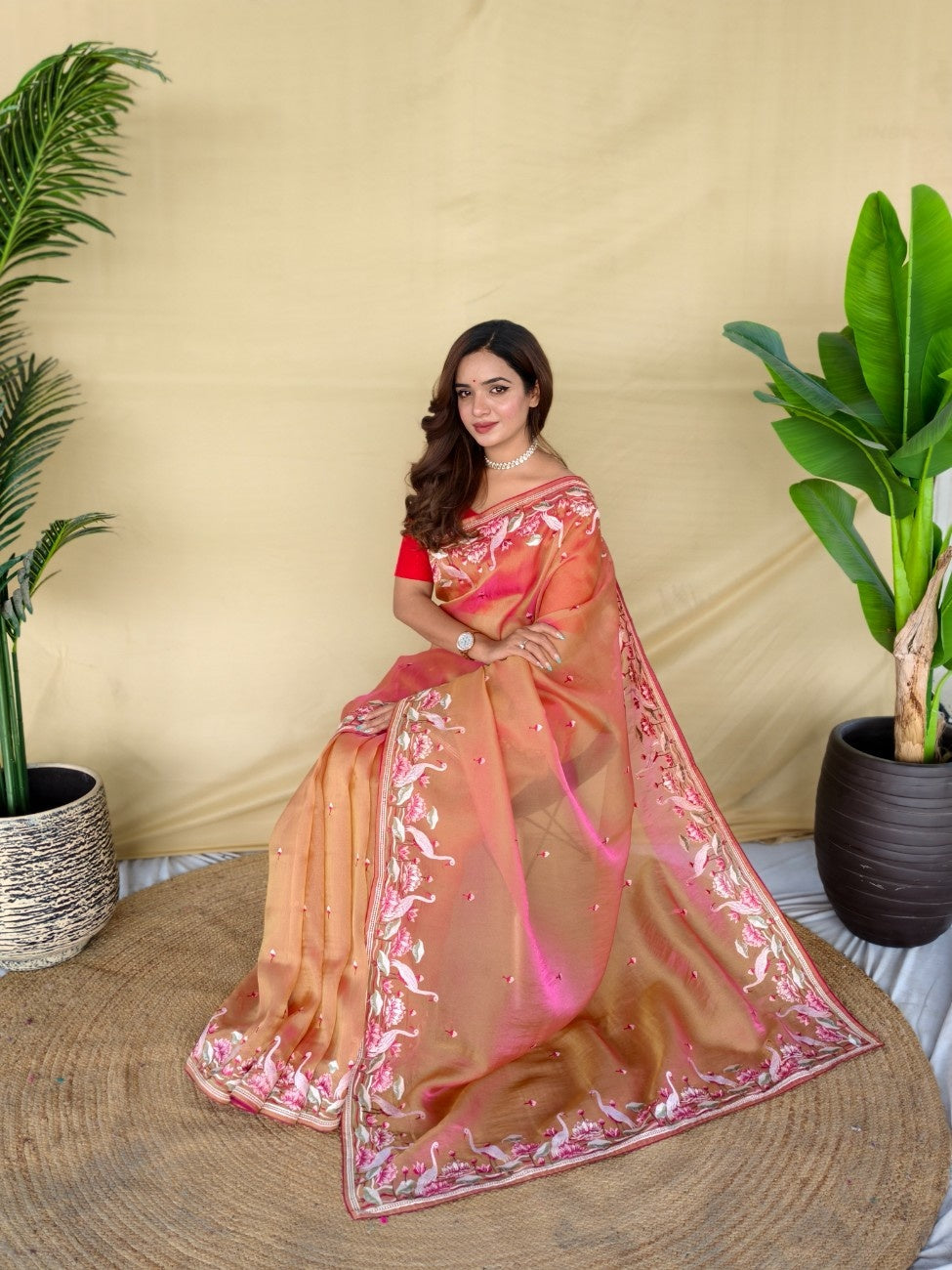 Mameraa Sarees Peach Royal Gabbana Silk Saree Woven In A Shiny Dual-Tone Finish-Peach