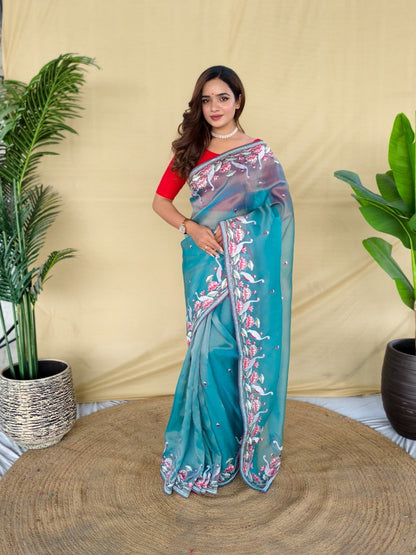 Mameraa Sarees Sky Blue Royal Gabbana Silk Saree Woven In A Shiny Dual-Tone Finish-Sky_Blue