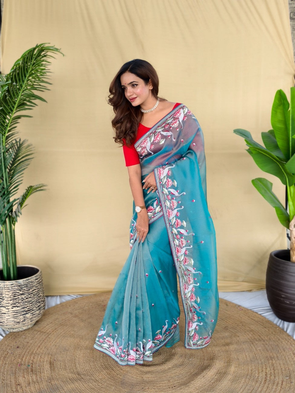Mameraa Sarees Sky Blue Royal Gabbana Silk Saree Woven In A Shiny Dual-Tone Finish-Sky_Blue