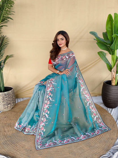 Mameraa Sarees Sky Blue Royal Gabbana Silk Saree Woven In A Shiny Dual-Tone Finish-Sky_Blue