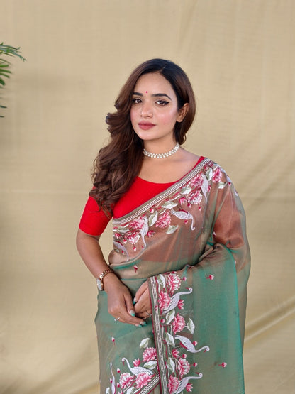 Mameraa Sarees Green Royal Gabbana Silk Saree Woven In A Shiny Dual-Tone Finish-Green