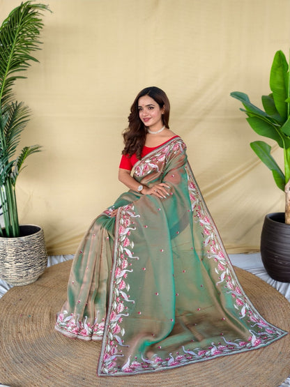 Mameraa Sarees Green Royal Gabbana Silk Saree Woven In A Shiny Dual-Tone Finish-Green