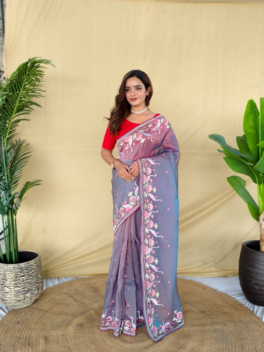 Mameraa Sarees Grey Royal Gabbana Silk Saree Woven In A Shiny Dual-Tone Finish-Grey