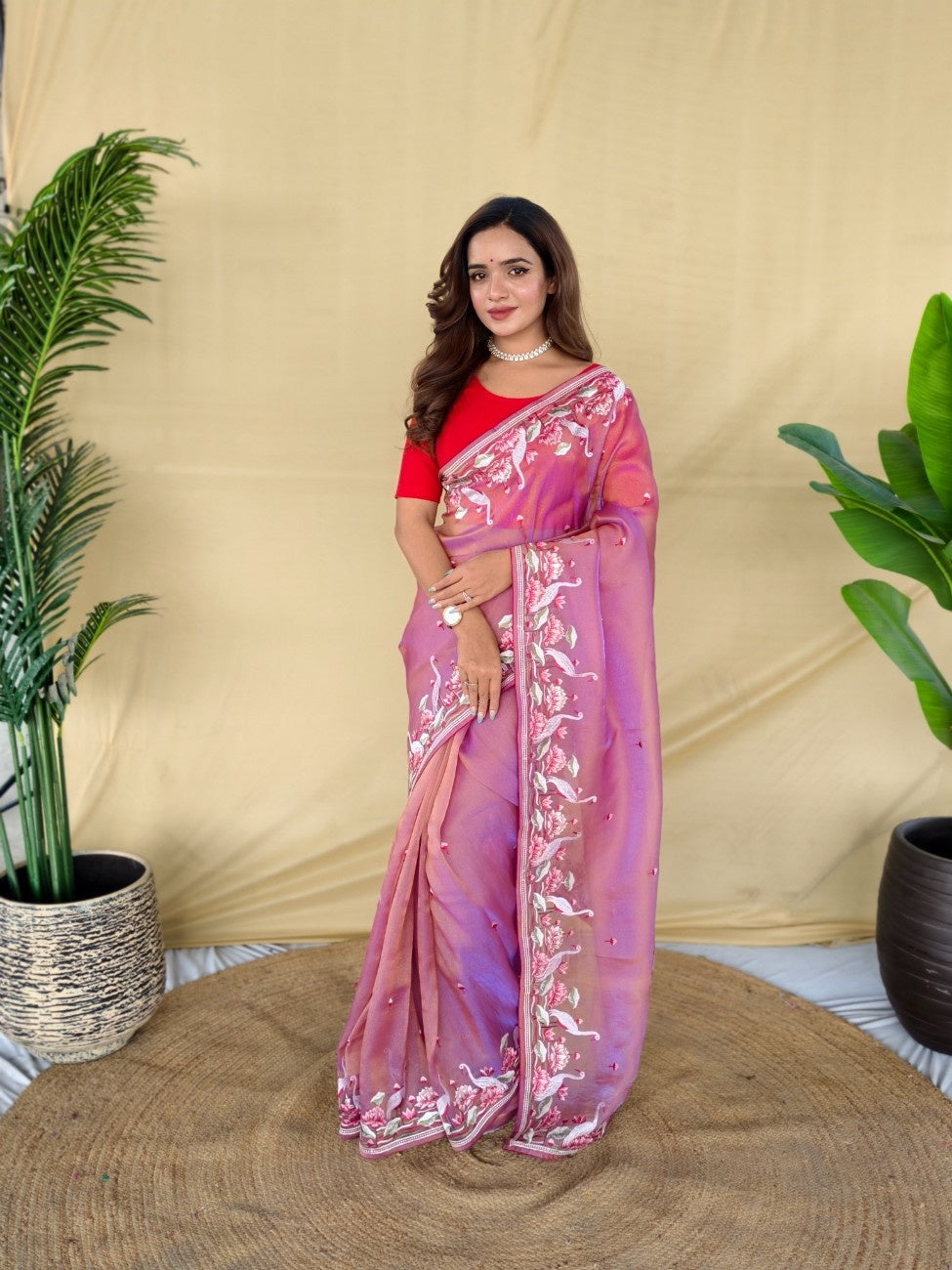 Mameraa Sarees Pink Royal Gabbana Silk Saree Woven In A Shiny Dual-Tone Finish-Pink