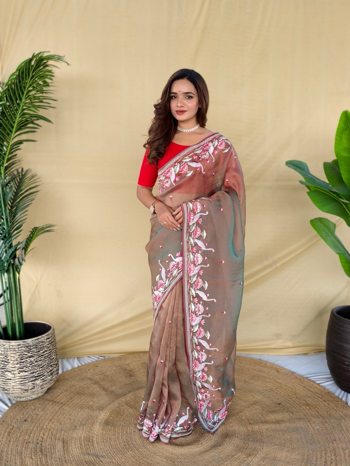 Mameraa Sarees Brown Royal Gabbana Silk Saree Woven In A Shiny Dual-Tone Finish-Brown