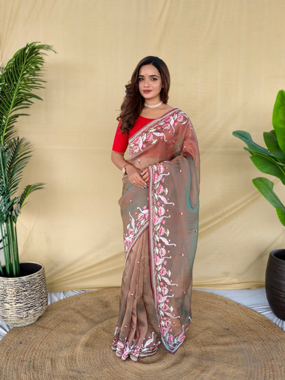 Mameraa Sarees Brown Royal Gabbana Silk Saree Woven In A Shiny Dual-Tone Finish-Brown