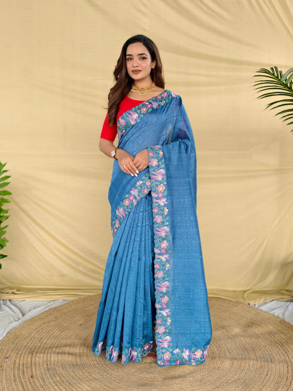 Mameraa Sarees Teal Tussar Saree With Contrast Embroidery With Running Blouse-Teal