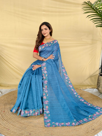 Mameraa Sarees Teal Tussar Saree With Contrast Embroidery With Running Blouse-Teal