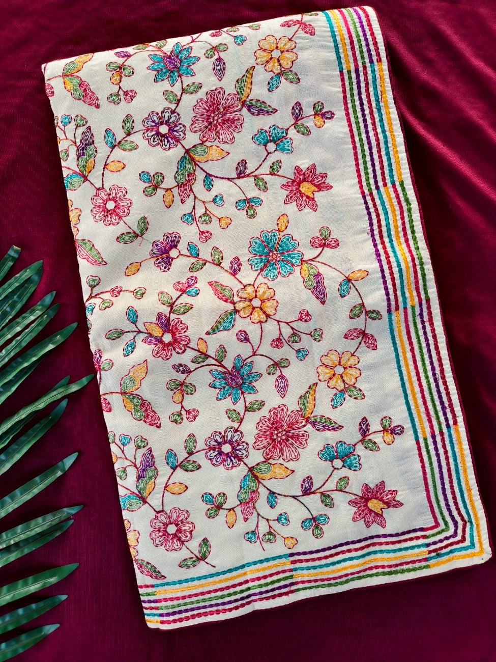 Mameraa Sarees White Pure Loom Tussar Saree With All Over Designer Embroidery-White