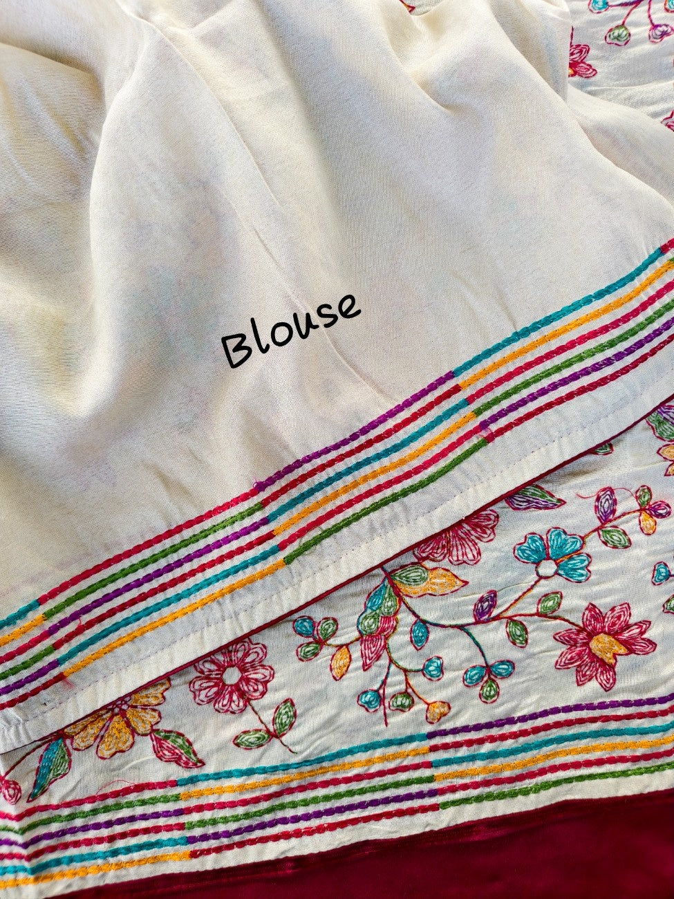 Mameraa Sarees White Pure Loom Tussar Saree With All Over Designer Embroidery-White