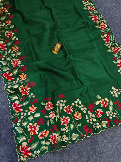 Mameraa Sarees Green Matka Silk Saree With Heavy Floral Embroidery Border With Running Blouse-Green