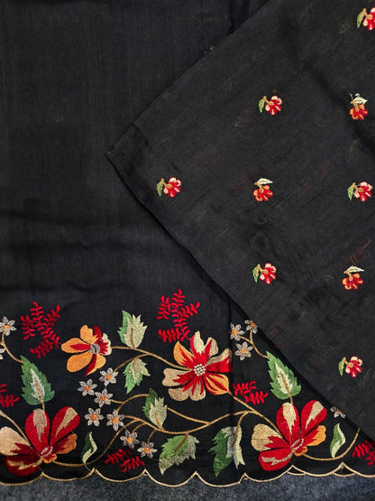 Mameraa Sarees Black Matka Silk Saree With Heavy Floral Embroidery Border With Running Blouse-Black