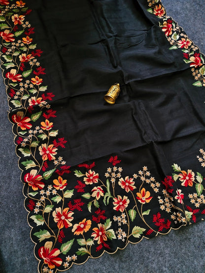 Mameraa Sarees Black Matka Silk Saree With Heavy Floral Embroidery Border With Running Blouse-Black