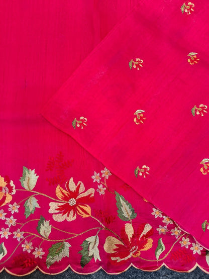 Mameraa Sarees Red Matka Silk Saree With Heavy Floral Embroidery Border With Running Blouse-Red