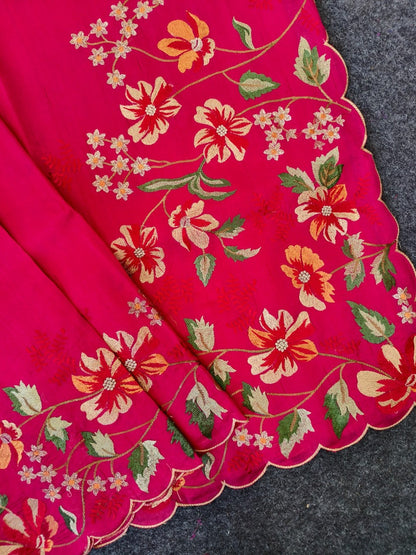 Mameraa Sarees Red Matka Silk Saree With Heavy Floral Embroidery Border With Running Blouse-Red