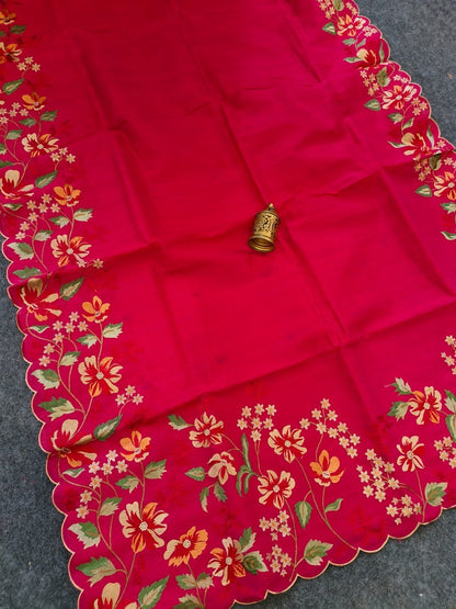 Mameraa Sarees Red Matka Silk Saree With Heavy Floral Embroidery Border With Running Blouse-Red
