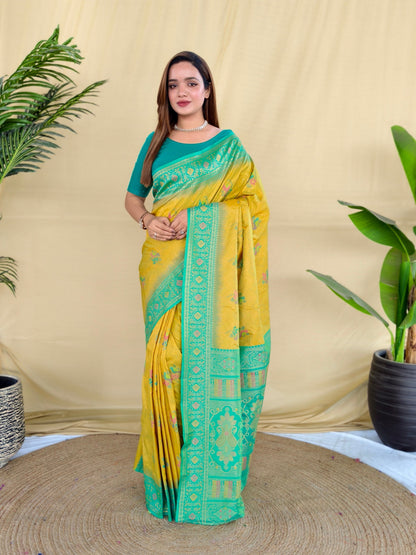 Mameraa Sarees Yellow Silk Saree Featuring Elegant Traditional Motifs All Over The Saree With Contrast Blouse-Yellow