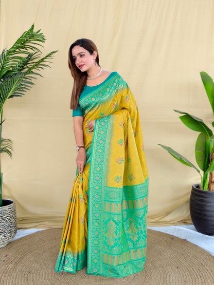 Mameraa Sarees Yellow Silk Saree Featuring Elegant Traditional Motifs All Over The Saree With Contrast Blouse-Yellow