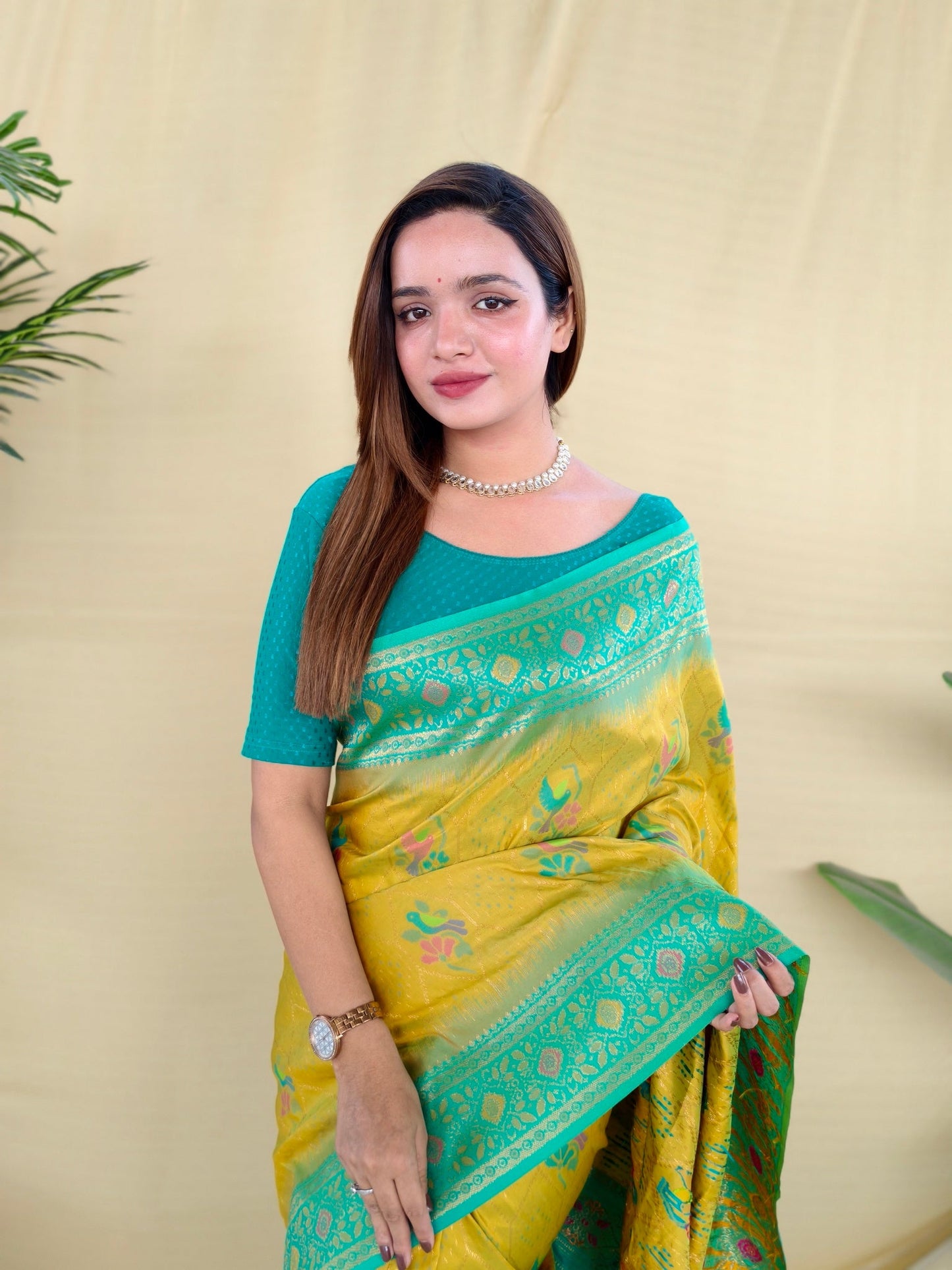 Mameraa Sarees Yellow Silk Saree Featuring Elegant Traditional Motifs All Over The Saree With Contrast Blouse-Yellow