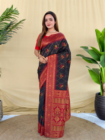 Mameraa Sarees Black Silk Saree Featuring Elegant Traditional Motifs All Over The Saree With Contrast Blouse-Black