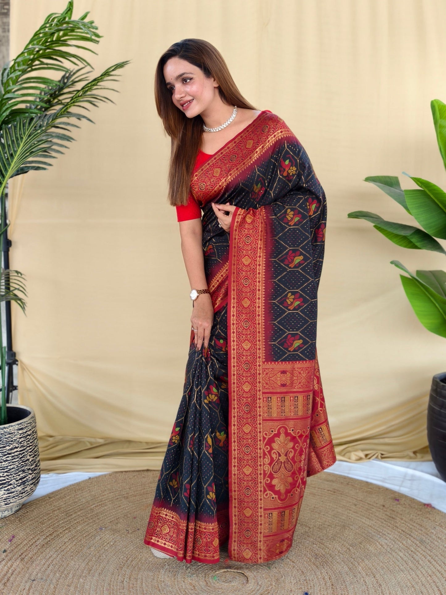 Mameraa Sarees Black Silk Saree Featuring Elegant Traditional Motifs All Over The Saree With Contrast Blouse-Black