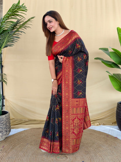 Mameraa Sarees Black Silk Saree Featuring Elegant Traditional Motifs All Over The Saree With Contrast Blouse-Black