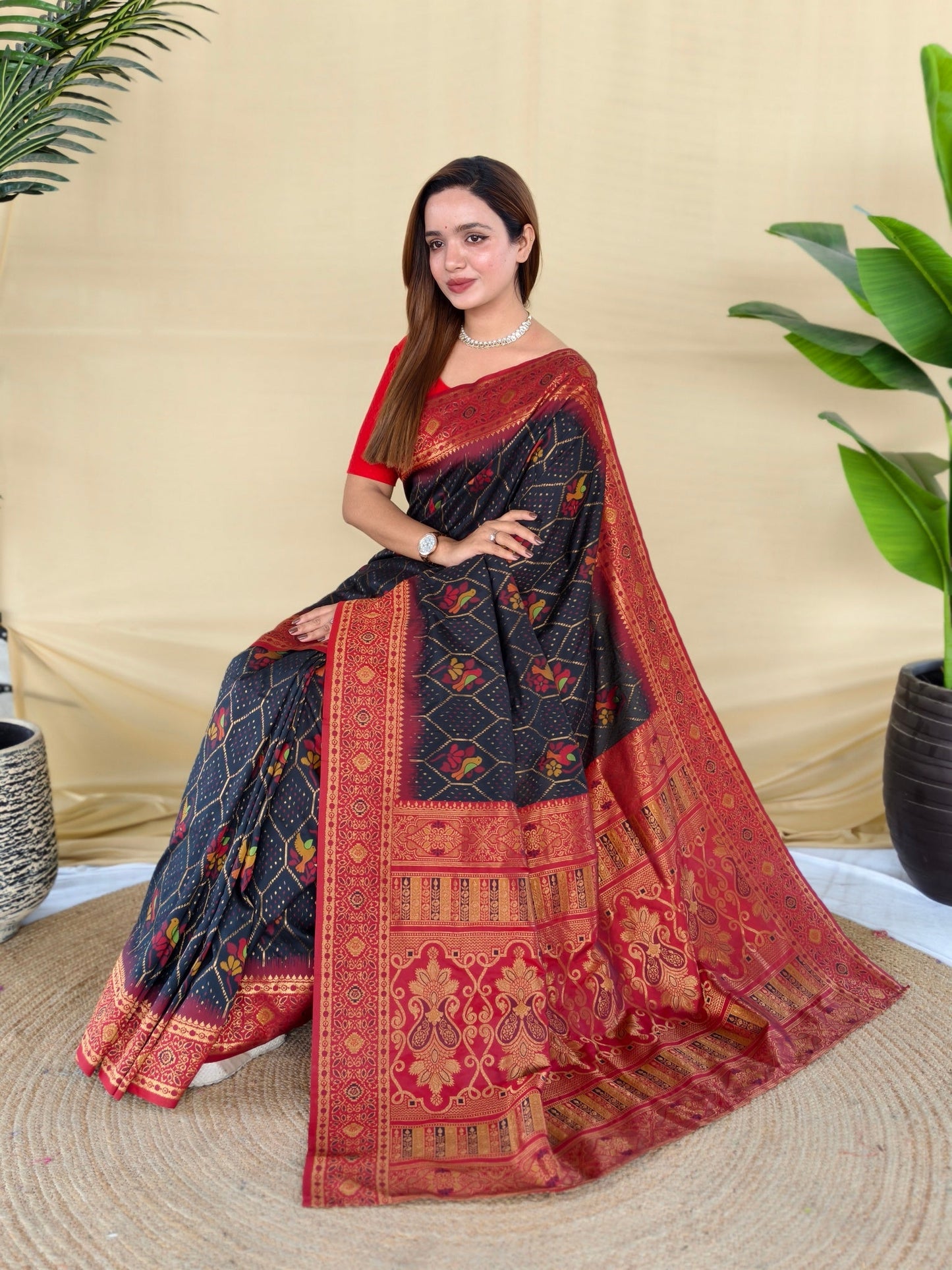 Mameraa Sarees Black Silk Saree Featuring Elegant Traditional Motifs All Over The Saree With Contrast Blouse-Black