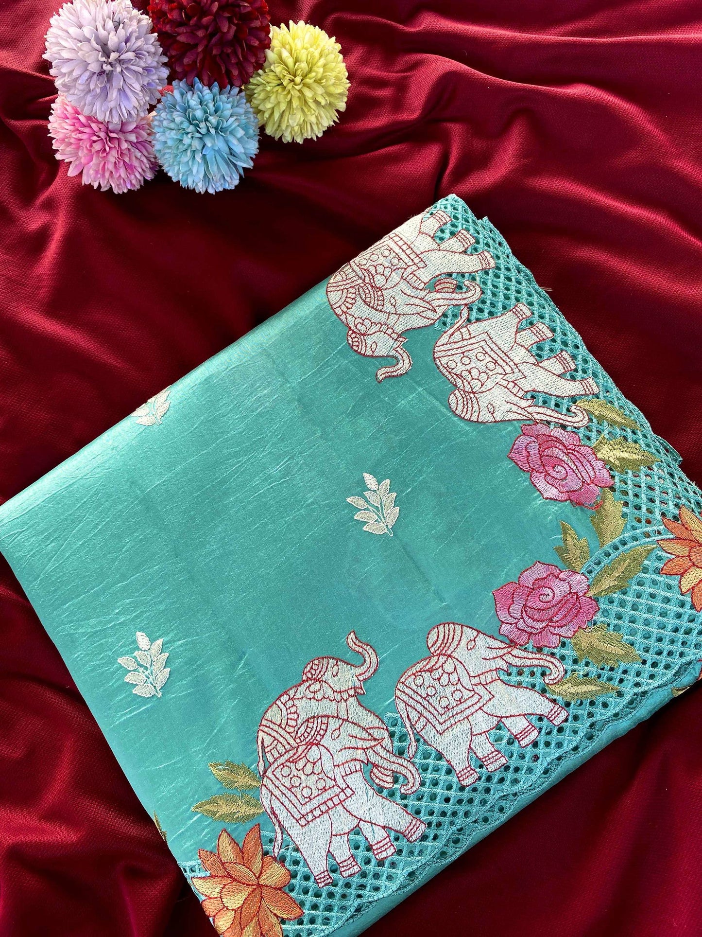 Mameraa Sarees Sea Green Viscose Tussar Saree With Beautiful Embroidered Elephant Design Panel With Cutwork And Hole Work-Sea_Green