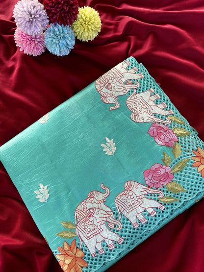 Mameraa Sarees Sea Green Viscose Tussar Saree With Beautiful Embroidered Elephant Design Panel With Cutwork And Hole Work-Sea_Green