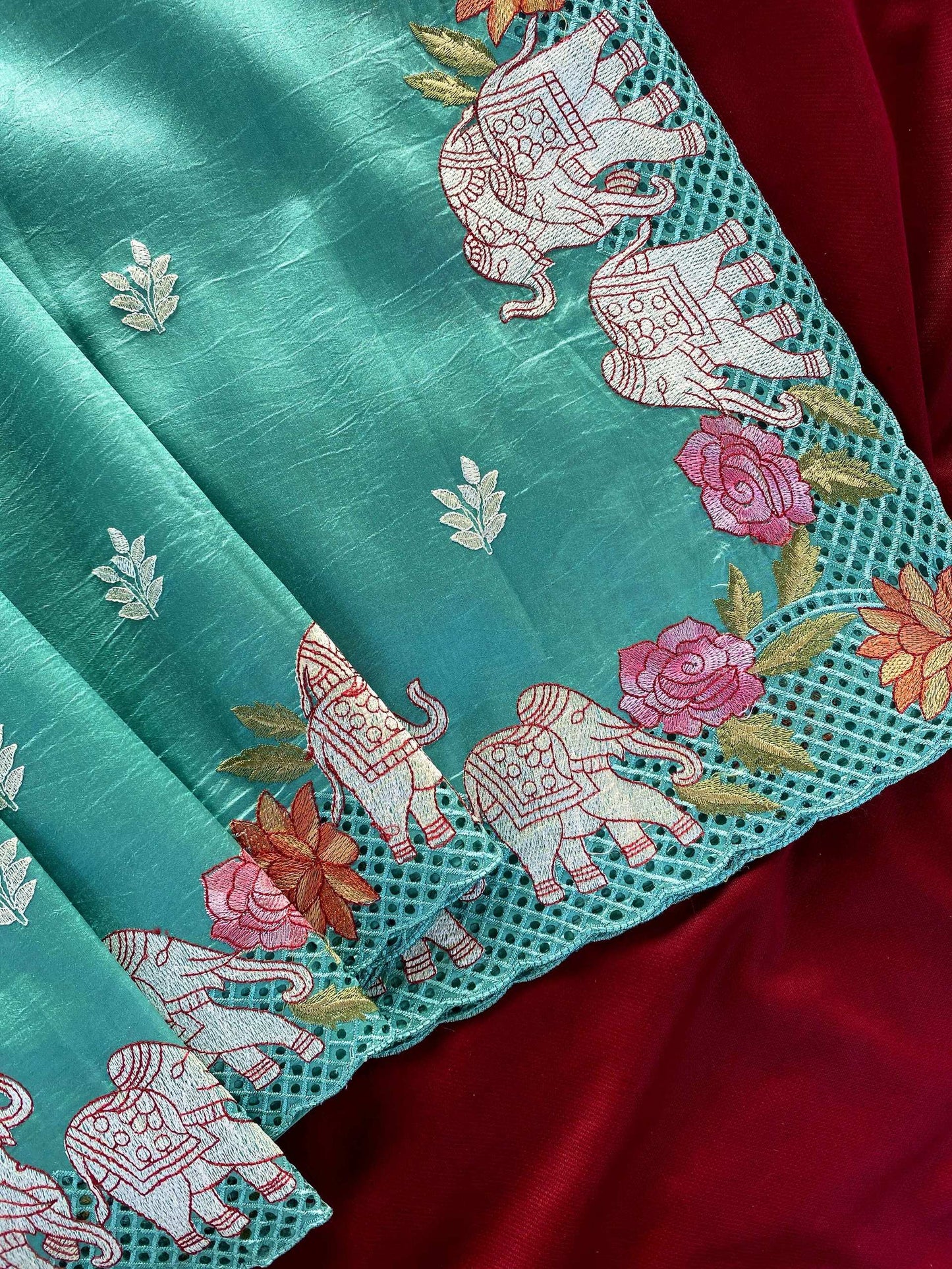 Mameraa Sarees Sea Green Viscose Tussar Saree With Beautiful Embroidered Elephant Design Panel With Cutwork And Hole Work-Sea_Green